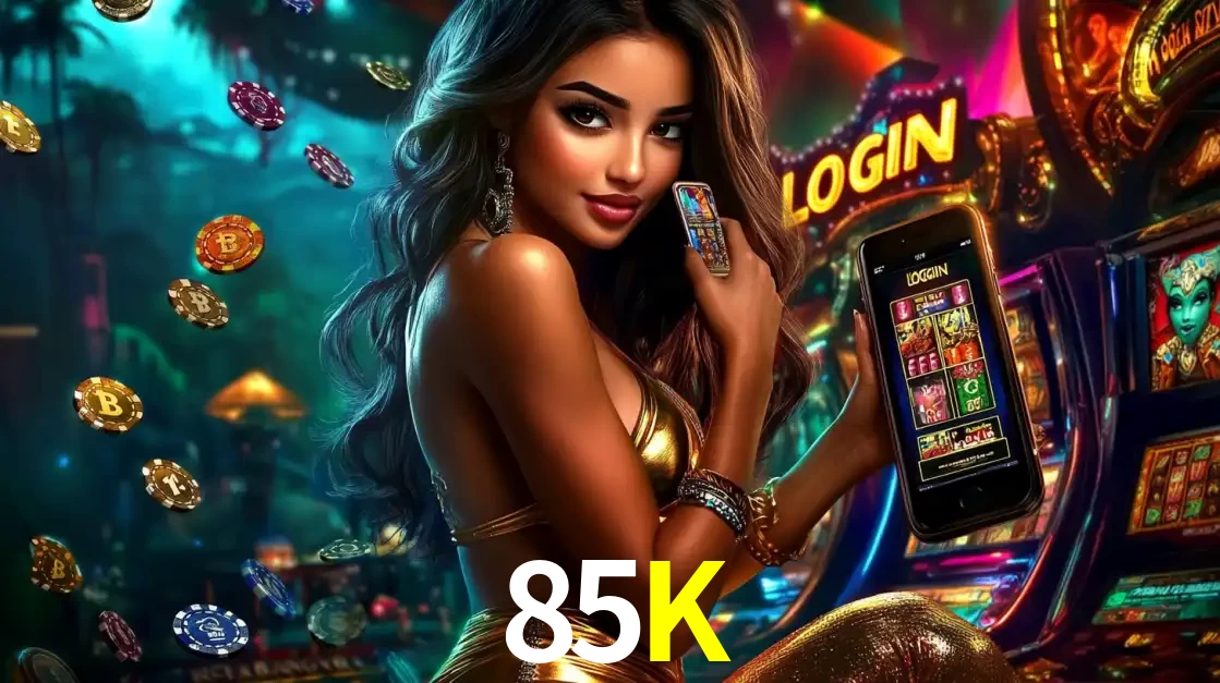Mulher em um cenário de cassino temático de aventura, mostrando o app de caça-níqueis da 85K no celular. Fichas de apostas flutuam ao redor.