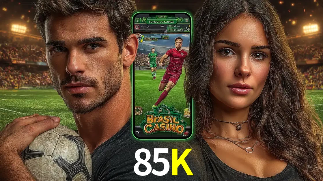Homem segurando uma bola de futebol e uma mulher ao lado de um smartphone exibindo o jogo de apostas esportivas da 85K. Faça seu palpite no cassino online.